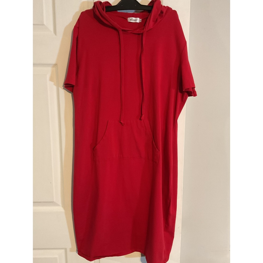 MISSKY Red Hooded T-Shirt Dress Short Sleeve Kangaroo Pocket Cotton Blend 3XL